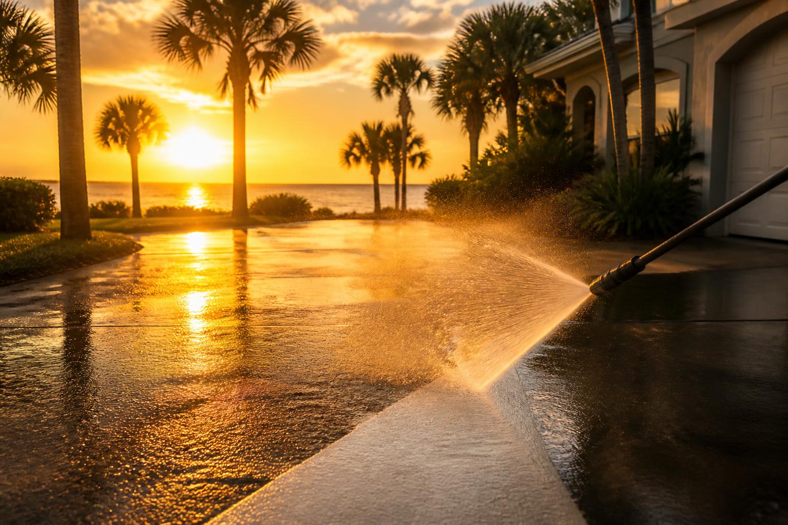 Pressure washing a driveway at sunset in Fort Walton Beach